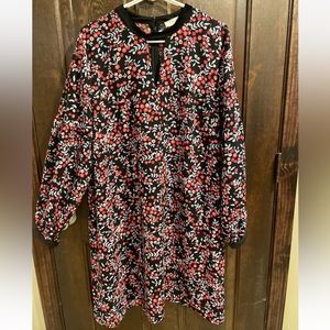 LOFT Berry Print Shift Dress WOMEN'S XL L Long sleeve Velvet collar cuffs